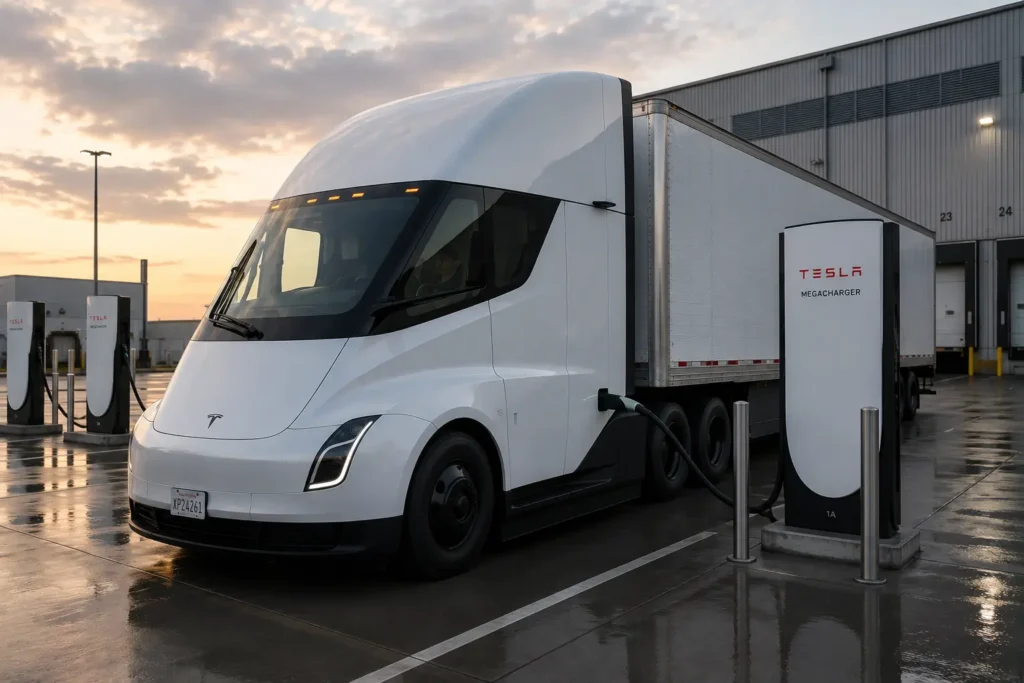 Tesla Semi charging at a Megacharger station