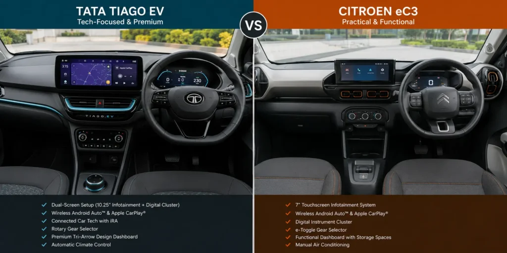 Interior technology comparison between Tata Tiago EV and Citroen eC3