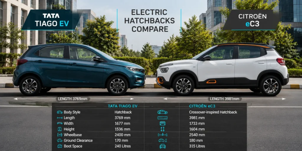 Size and design comparison between Tata Tiago EV and Citroen eC3