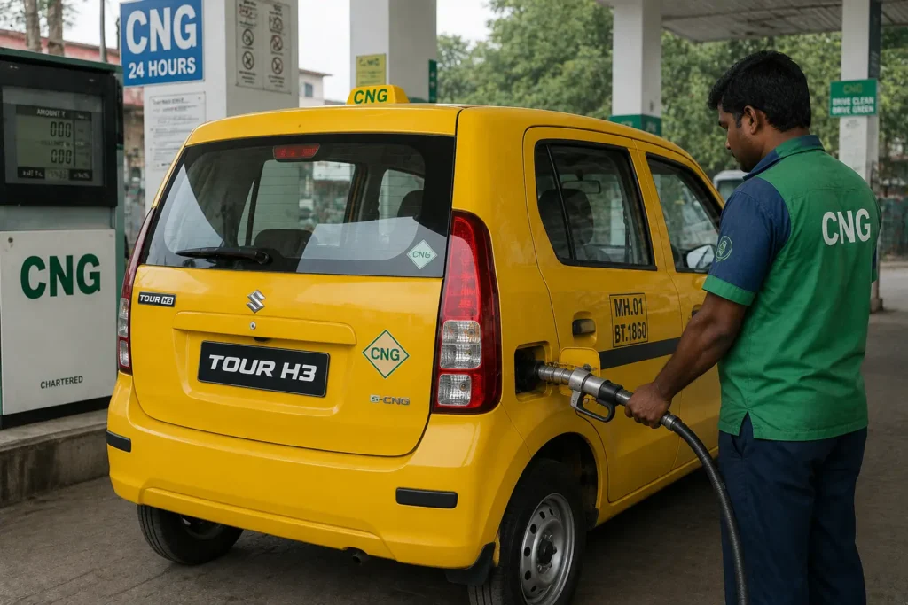 Tour H3 Wagon R CNG variant refueling at Indian CNG station