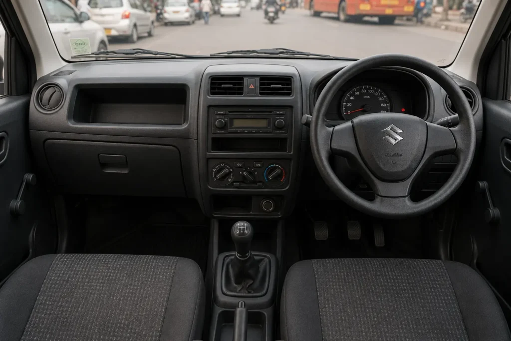 Basic commercial interior of Maruti Suzuki Tour H3 with simple dashboard and seating