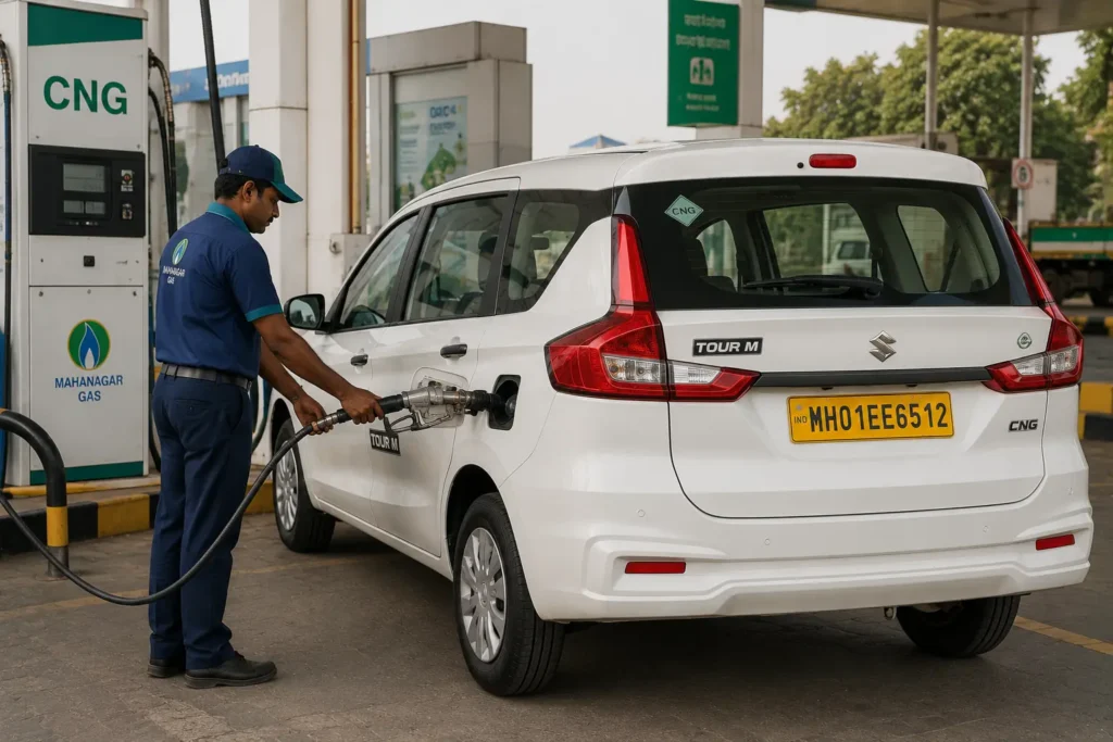 Tour M Ertiga S-CNG variant being refueled at a CNG station