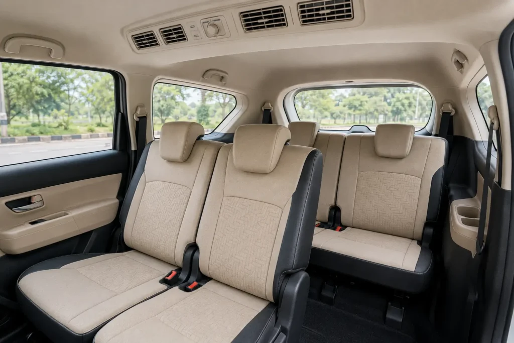 Rear passenger seating and air conditioning vents in the Tour M Ertiga