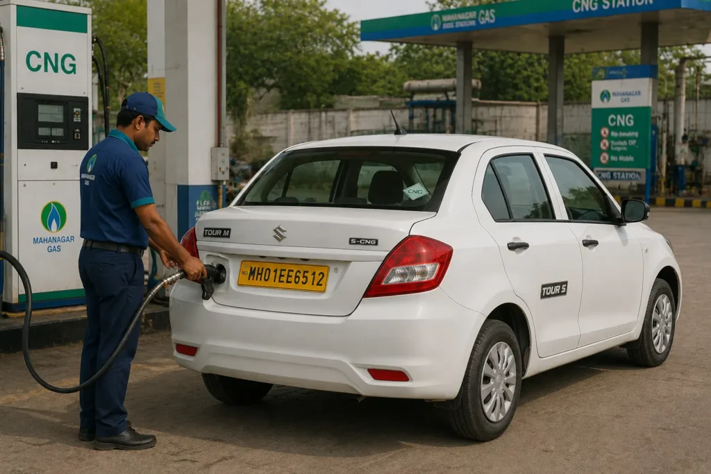 Tour S Dzire S-CNG variant being refueled at a CNG station