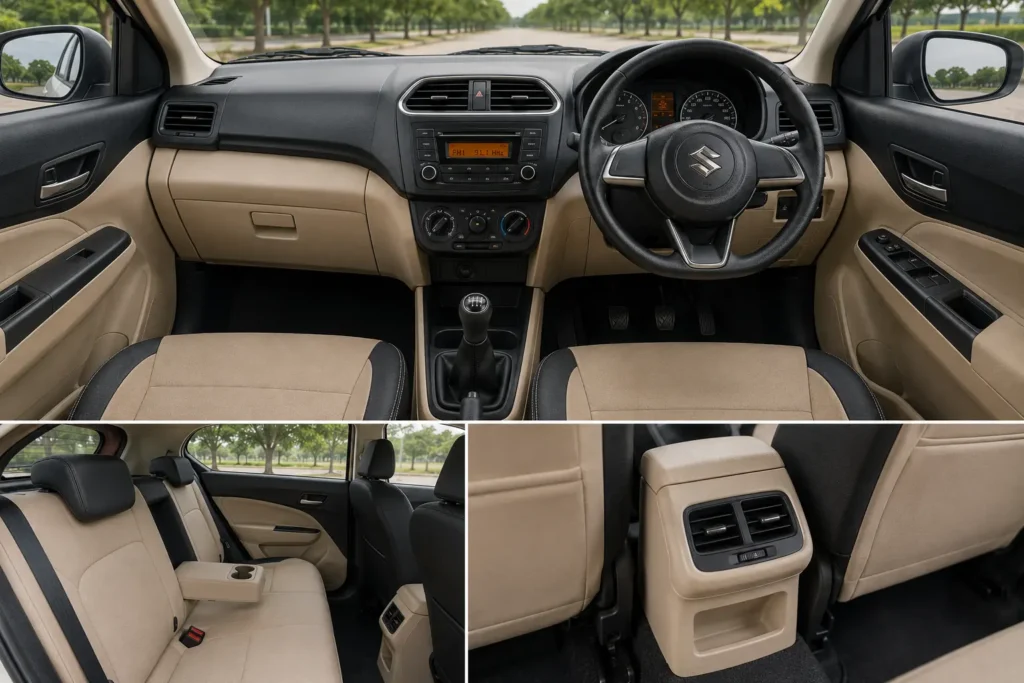 Interior cabin layout of the Maruti Suzuki Tour S Dzire commercial sedan