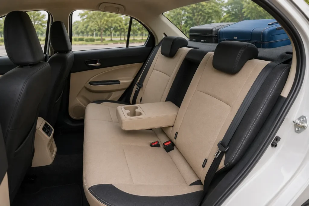 Rear passenger seating and luggage space inside the Tour S Dzire