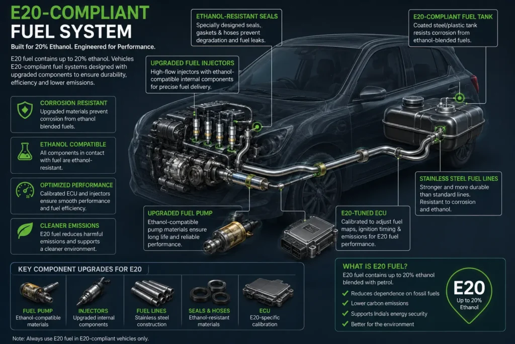 Diagram showing ethanol-resistant components used in modern E20-compliant petrol cars.