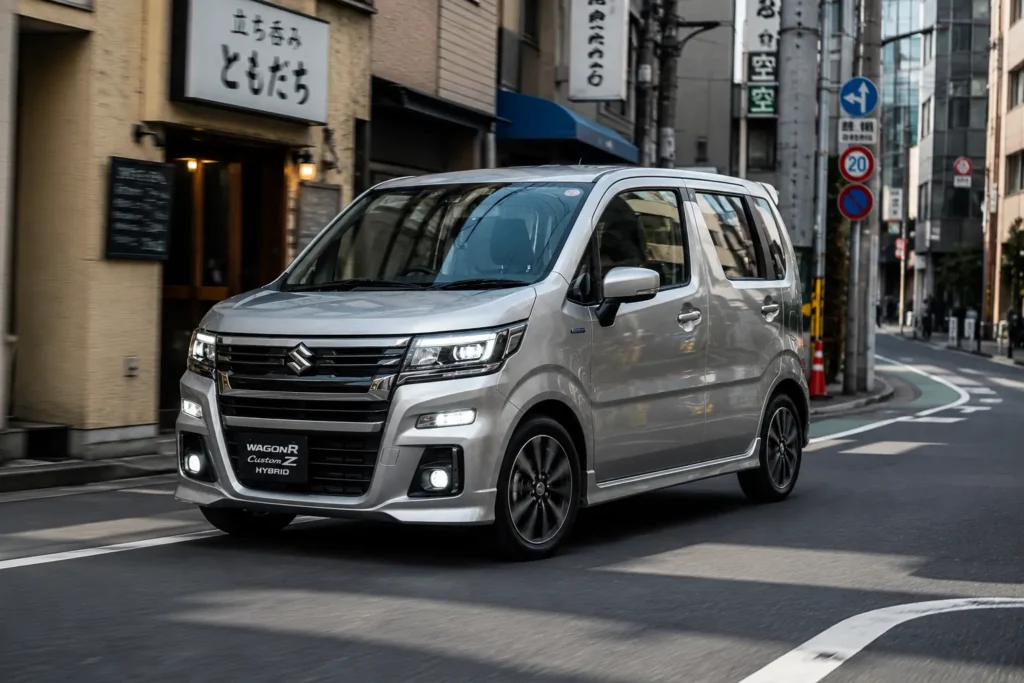 Suzuki Wagon R Custom Z HYBRID ZX driving in a narrow urban street